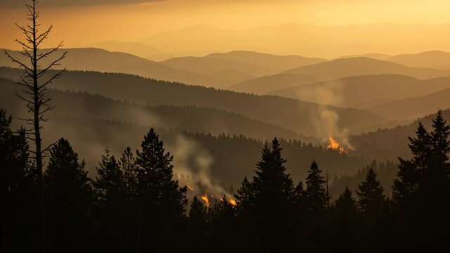 Dramatic sunset over mountainous forest fire landscape golden hour silhouette of trees smokey atmosphere natural disaster scene