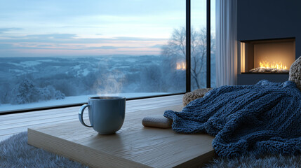 Cozy Winter Morning with Hot Drink by the Fireplace – Warm Blanket and Snowy Mountain View