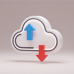 Cloud Data Transfer Icon: A 3D rendered icon depicting a stylized cloud with upward blue and downward red arrows, symbolizing data upload and download.