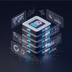 Data Server: a cutting-edge digital rendering depicts a data server with intricate graphics displaying real-time data analysis.