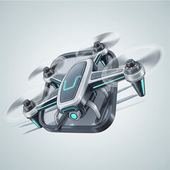 Futuristic Drone in Flight: A sleek, futuristic drone with glowing turquoise accents soars through the air, showcasing its advanced design and technological capabilities.