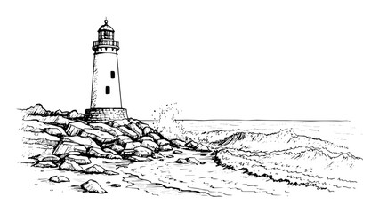 lighthouse on rocky coast with sea waves hand drawn vector sketch