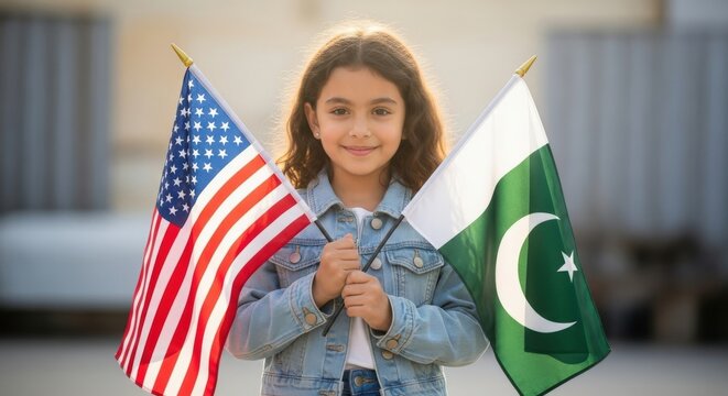 Young Girl Holding American and Pakistani Flags | Symbol of Unity, Diversity, and Cultural Exchange for Patriotism, International Relations, and Education