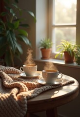 cozy morning coffee scene steaming cups knitted blanket warmth comfort hearth serenity, mug, drink, beverage, hot, ceramic, rustic, tabletop, texture