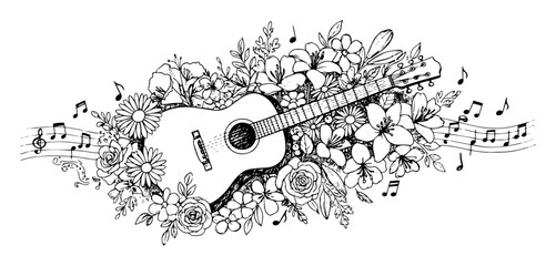 Obraz premium guitar with flowers and music notes line art