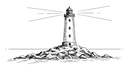 lighthouse on rocky coast with beacon vector sketch illustration © Kaz