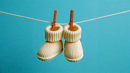 Delicate knitted baby booties drying in the sun