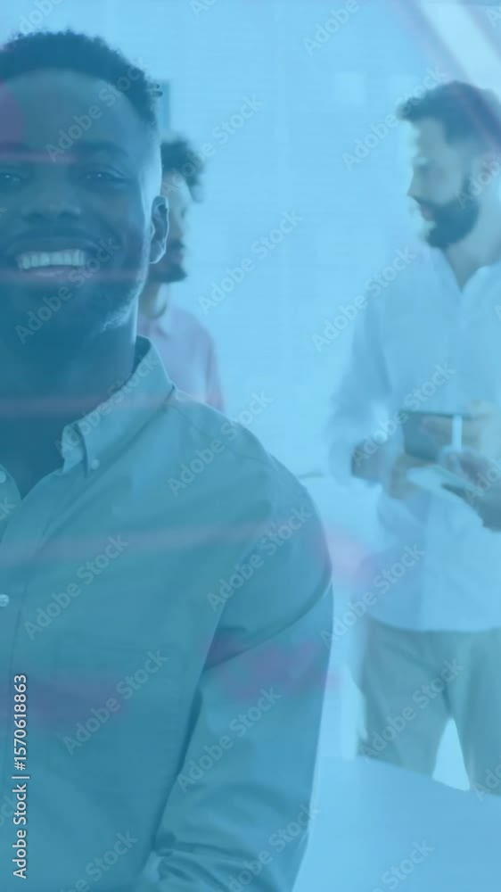 Poster animation of graphs, globe and computer language, smiling african american man standing in office