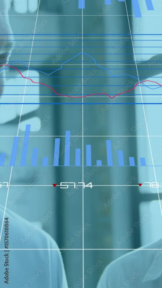 Poster animation of graphs, loading circles, changing numbers over caucasian coworkers discussing reports