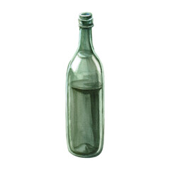 Green glass bottle with wine. Isolated watercolor illustration in realistic style for restaurant, bar design, menu design, printing on posters and postcards.