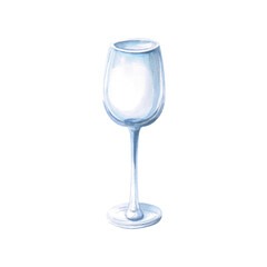 Empty glass wine goblet. Isolated watercolor illustration in realistic style for restaurant, bar design, menu design, printing on posters and postcards.