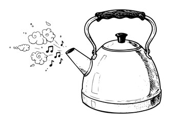 whistling kettle with steam and notes line art