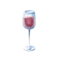 Full glass with red wine. Isolated watercolor illustration in realistic style for restaurant, bar design, menu design, printing on posters and postcards.