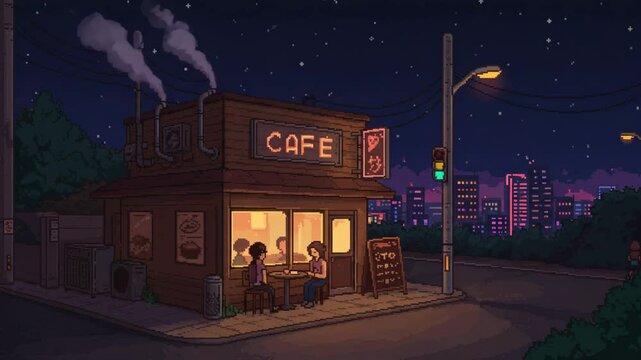 pixel art lo-fi caf&eacute; on a quiet street corner, soft smoke from vents, neon city lights glowing in the distance, nighttime vibe