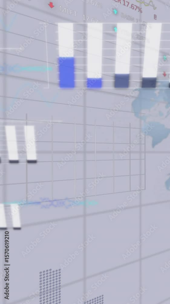 Poster animation of financial data processing and statistics over light background