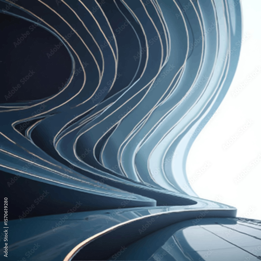 Poster abstract architectural design featuring curved blue and white lines, creating a futuristic and moder