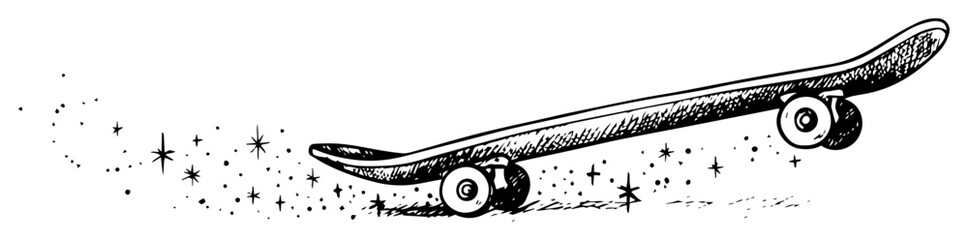skateboard with stars and sparkles line art © Kaz