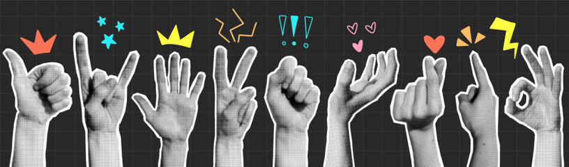 Naklejka premium Y2k dot halftone human hand gesture collage, retro comic sticker and grunge torn paper cutout element in pop art style with doodle arrow, crown, love and star icon. Vintage dotted arm and thumb sign.