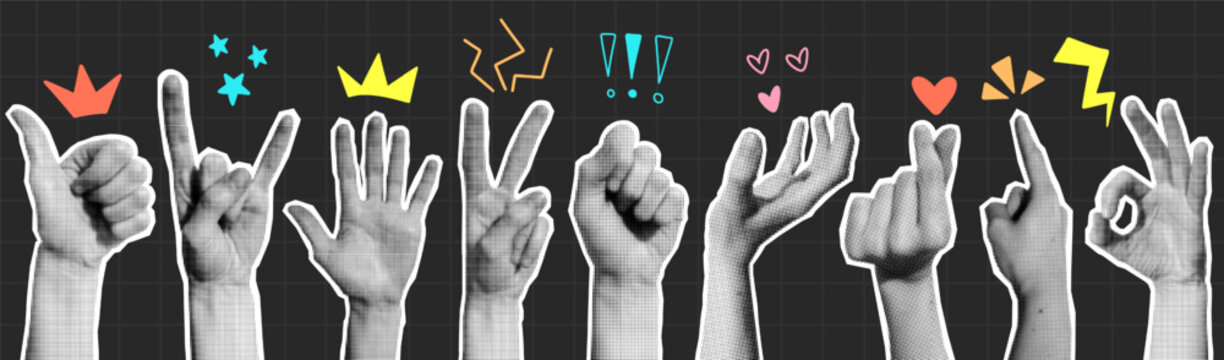 Y2k dot halftone human hand gesture collage, retro comic sticker and grunge torn paper cutout element in pop art style with doodle arrow, crown, love and star icon. Vintage dotted arm and thumb sign.