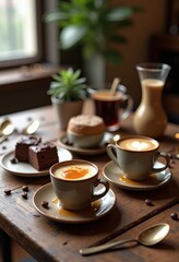delicious coffee dessert pairing rustic wooden indulgent artisan bold irresistible inviting atmosphere, treat, sweets, cone, mocha, pastry, macaron