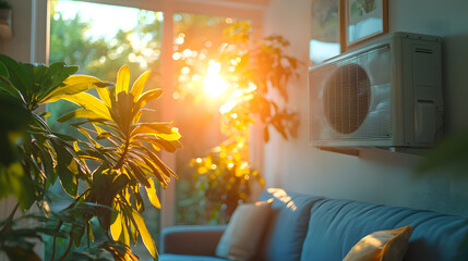 Air source heat pump installed in residential building. Sustainable and clean energy at home