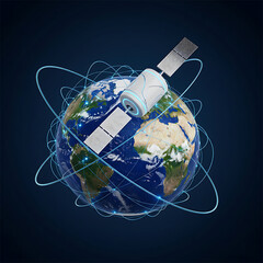 Orbiting Sentinel: A futuristic satellite orbits Earth, symbolizing global connectivity, technological advancement, and space exploration. Its sleek design is captured in a photorealistic render.