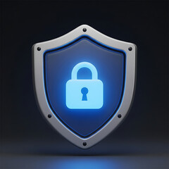 Digital Security Shield: A 3D-rendered metallic shield, adorned with a glowing digital padlock, symbolizes robust protection and online security on a dark background.
