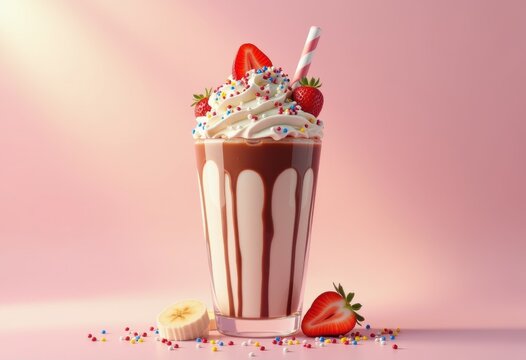 delicious creamy milkshake parfait topped whipped chocolate drizzle indulgence, topping, fruit, sprinkle, vanilla, strawberry, banana, fudge, candy, nut