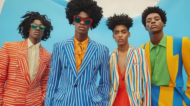 Stylish men in vibrant striped suits.