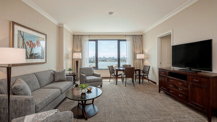 Elegant modern hotel suite with spacious design