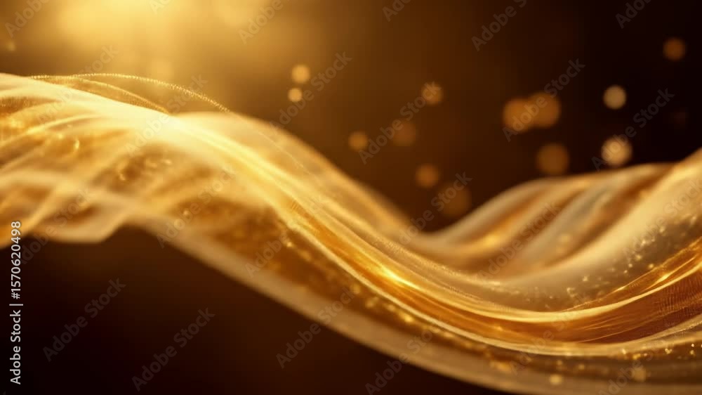 Poster golden silk waves with sparkling particles flowing in a luxurious abstract animation