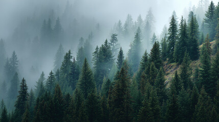 Heavy fog covering mountain forest