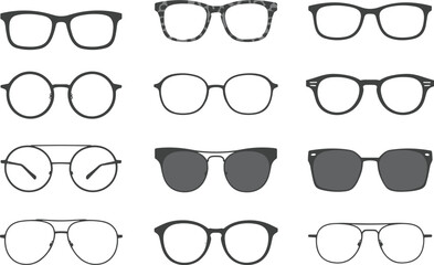 Set of twelve trendy eyeglasses and sunglasses icons, black and white vector illustration, perfect for fashion, optics, style, design, minimalist graphics