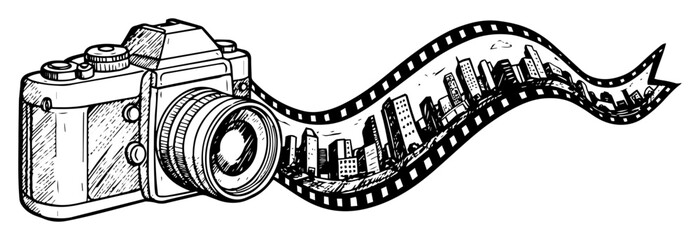 vintage camera with cityscape on film strip vector sketch © Kaz