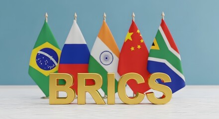 BRICS Alliance Display: Flags of Member Nations with Gold Lettering Symbol