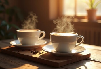 Fototapeta premium elegant arrangement balanced coffee cups rustic wood table inviting morning serenity warmth, mug, beverage, comfort, design, decor, vintage, texture, set