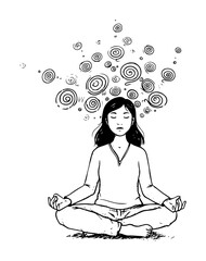 woman meditating with swirling thoughts line art