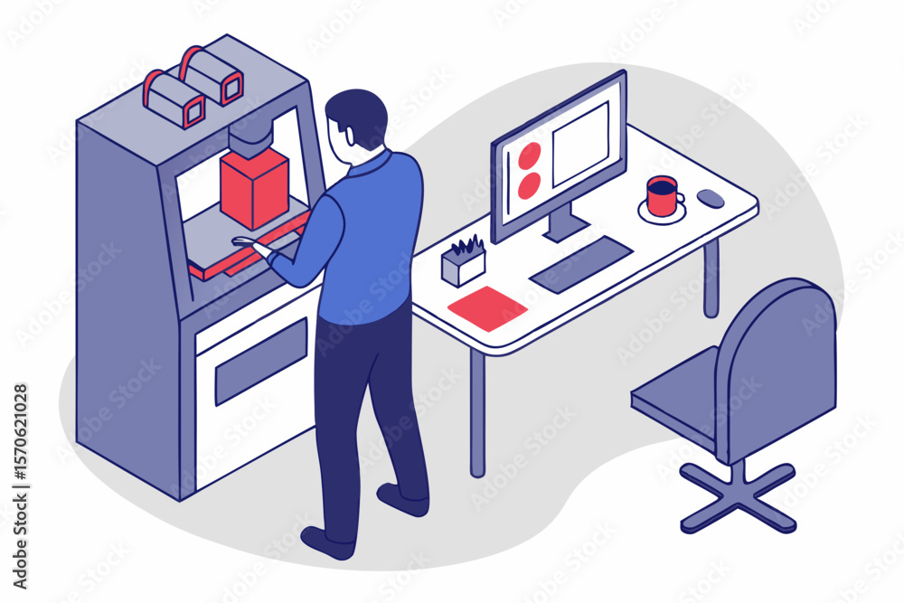Poster isometric illustration of a professional 3d printing process with modern office workspace for techno