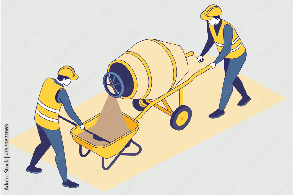 Poster isometric illustration of construction workers utilizing a concrete mixer and wheelbarrow for buildi