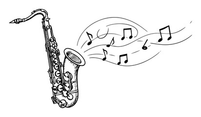 saxophone with musical notes hand drawn vector sketch