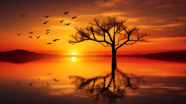 A serene sunset landscape with a bare tree reflecting on water and birds soaring in the orange sky.