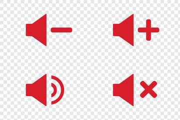 Set of four speaker icons representing mute, unmute, volume up, and volume down options for user interface and audio settings. Plus, minus, cross symbol icon. Eps 10
