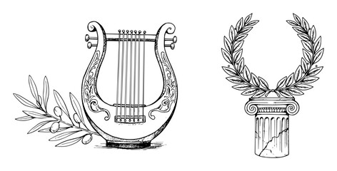 ancient greek symbols lyre and laurel wreath on column sketch