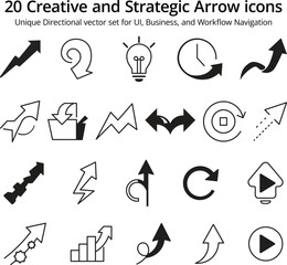 Fototapeta premium Black and outline arrow icons- 20 Creative and Strategic Arrow Icons – Unique Directional Vector Set for UI, Business, and Workflow Navigation