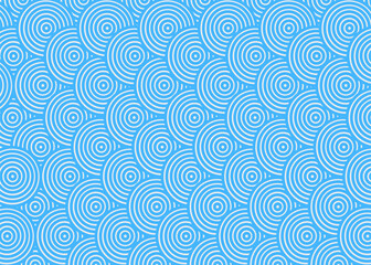 Seamless pattern of white concentric semi-circles on blue pattern background. It creates a modern, rhythmic, and organic look. Ideal for eco-themed designs, wallpapers, textiles, or packaging. 