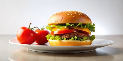 A juicy cheeseburger with a large tomato sitting alone on a plate in front of a plain white background, illuminated by soft natural light, food, big isolated cheese burger