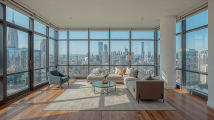Bright urban living room with expansive city views