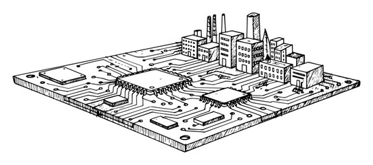 Obraz premium cityscape growing on computer motherboard line art