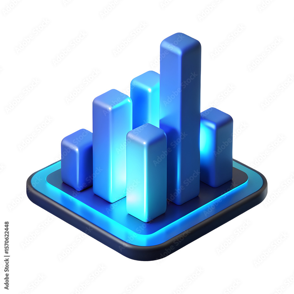 Aufkleber blue 3 d bar graph with glowing base on black background isolated on a transparent background