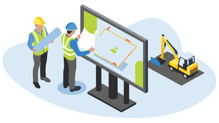 Two construction workers review plans near a large display and excavator on a construction site view